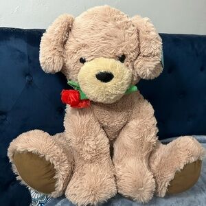 Cuddly Tan Plush Dog Toy with Red Rose